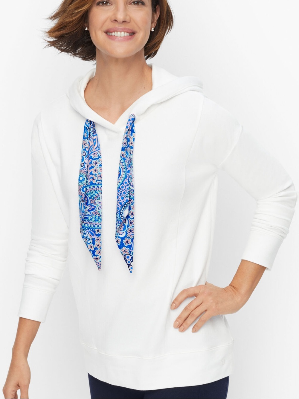 Talbots Drop Shoulder Hooded Pullover Sweatshirt With Satin Tie Detail Large New
